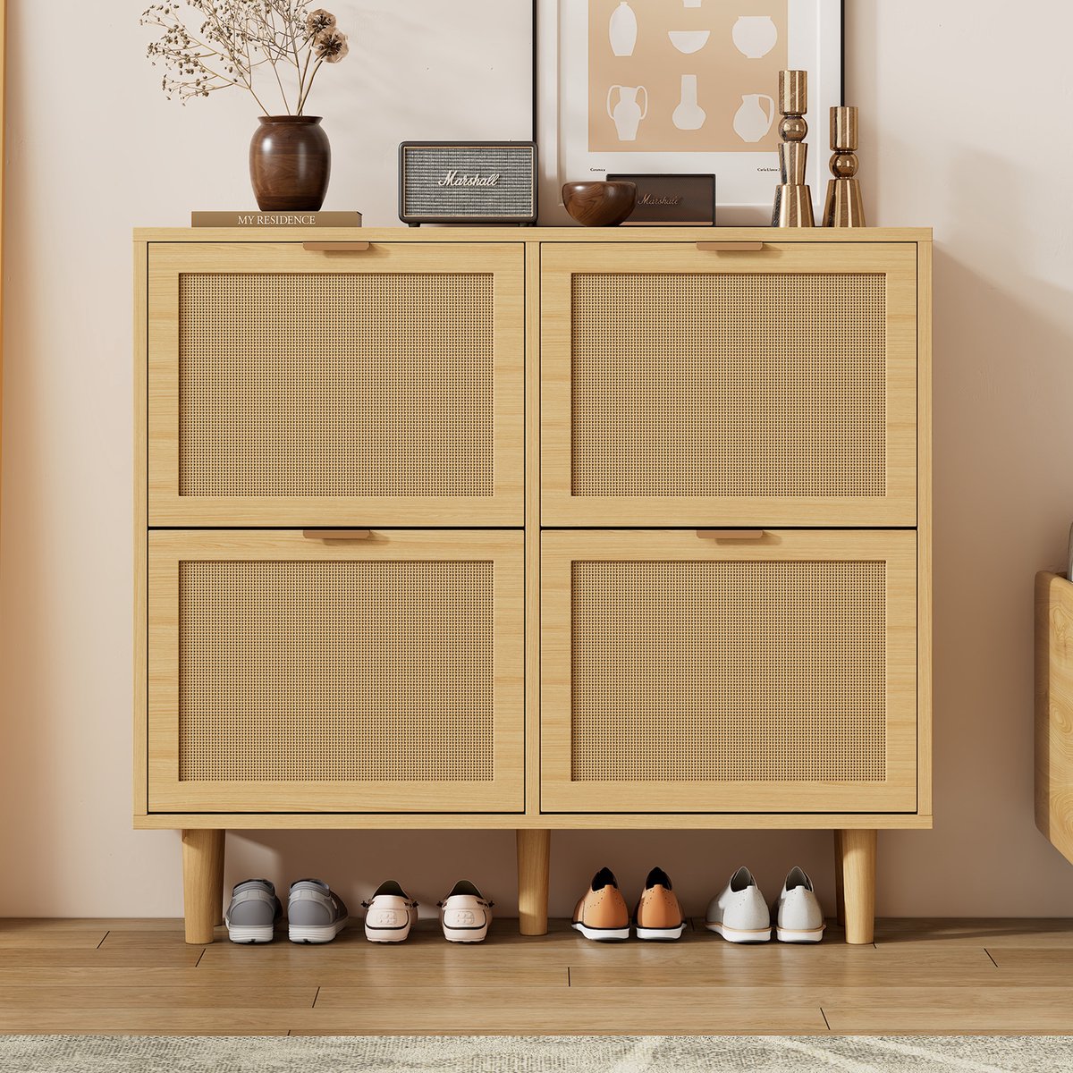 REDOM - Schoenenkast - 4 Kleplades - Rotanlook - Landelijke Stijl - Voor Hal - Spaanplaat - Licht Eiken - 100 x 25 x 90 cm
