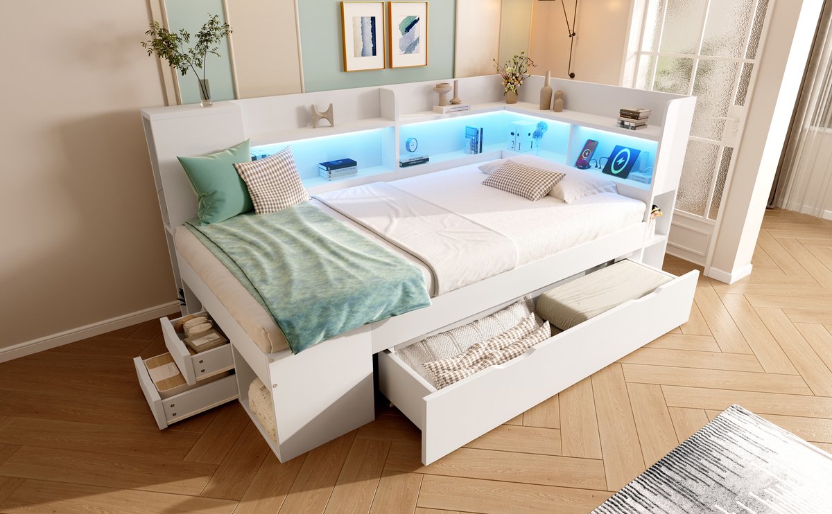 Wishdor Bedbank 90x200 cm - LED 60.000+ Kleuren & USB‑C Snellader - Opbergruimte & Matras - Hout Wit