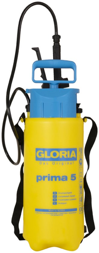 Gele Gloria Prima 5 drukspuit met blauwe dop en draagband.