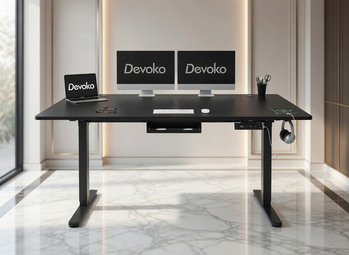 Elektrisch In Hoogte Verstelbaar Bureau 160x80 cm – Modern Staand Bureau met Type-C Oplaadpoort, Kabelmanagement Tray, Mobiel & Stabiel, Zwart – Ergonomisch Bureau voor Thuis en Kantoor House&Garden