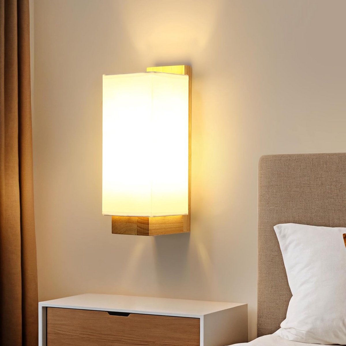 Wandlamp Hout Stof - Binnenverlichting Rechthoekig - Slaapkamer Woonkamer - Zacht Licht Effect - 12x10x25 cm - Wit Hout