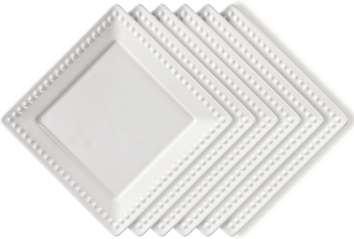 Set van 6 Vierkante Witte Desertborden met Reliëfstippen - 6 Inch Porselein