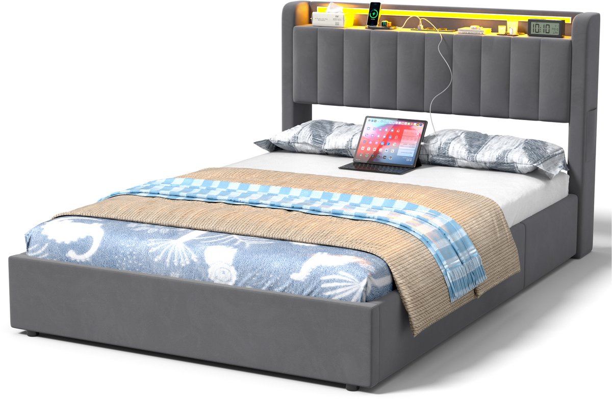 Wishdor Gestoffeerd Bed met LED & USB - Twijfelaar 140x200 cm - Hydraulisch & Verborgen Hoofdbord - Fluweel Grijs