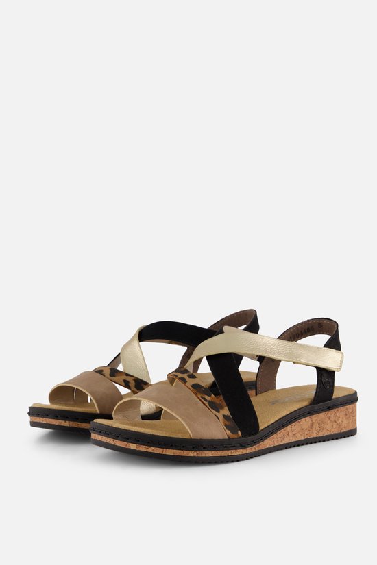 Sandales noires à brides croisées en matière beige, noire et dorée avec imprimé léopard.