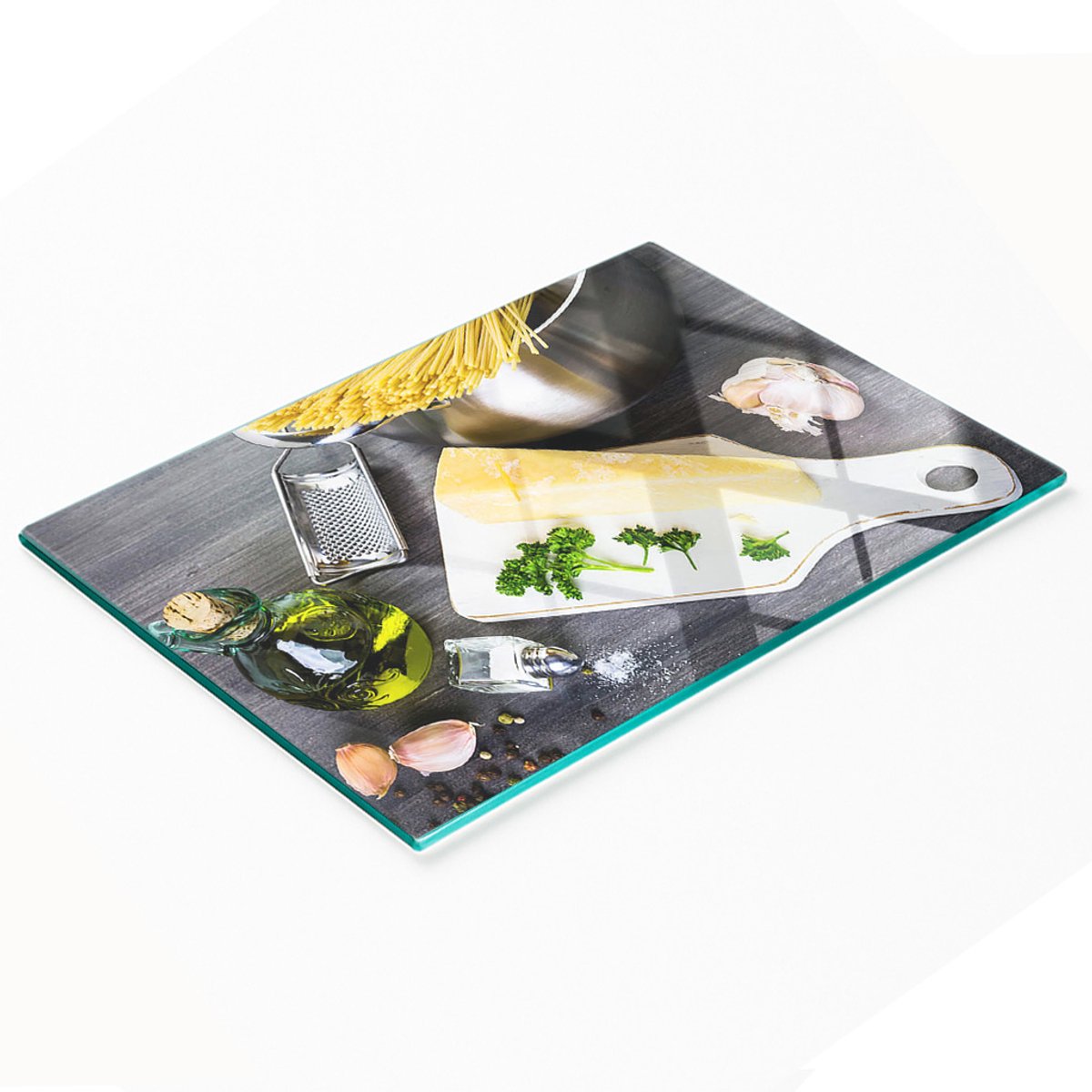 Keukenplank van gehard glas met afbeelding van pasta en knoflook, 80x52 cm