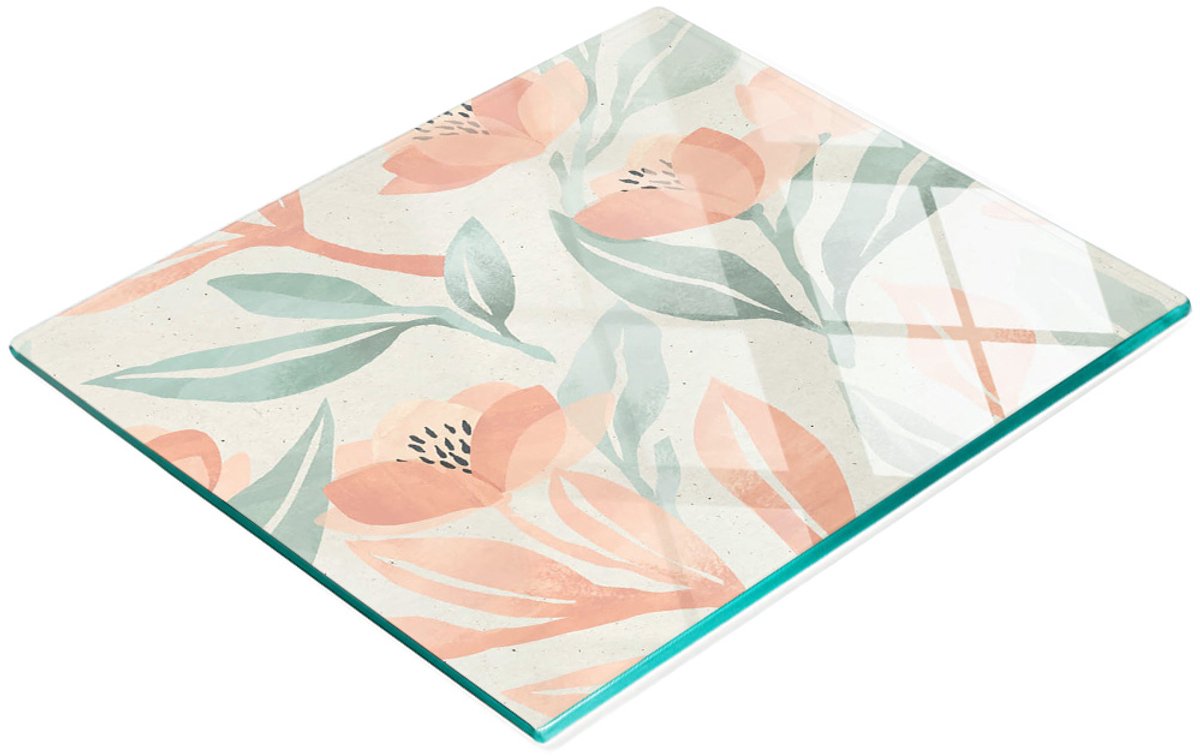 Multifunctionele decoratieve snijplank van gehard glas met bloemenmotief, 60x52 cm