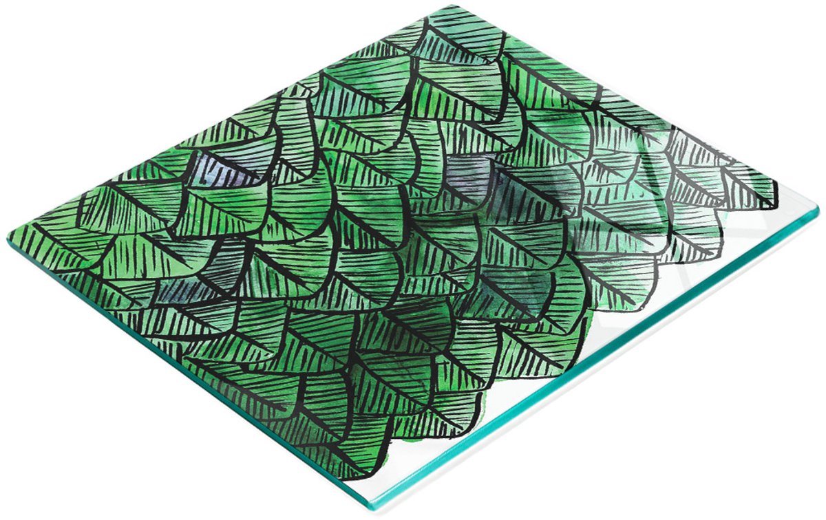 Glazen snijplank met abstracte verenprint, 60x52 cm