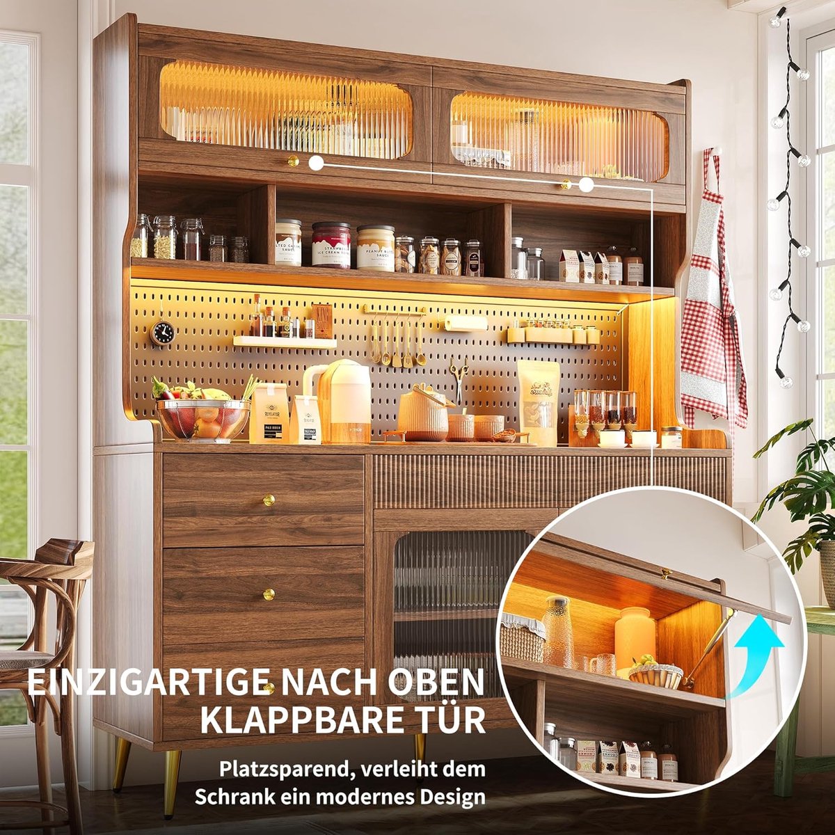 Dressoir kast met LED verlichting en app bediening – Smalle hoge opbergkast met glazen planken, lade en pegboard – 145 x 39 x 171 cm – Walnoot – Laura