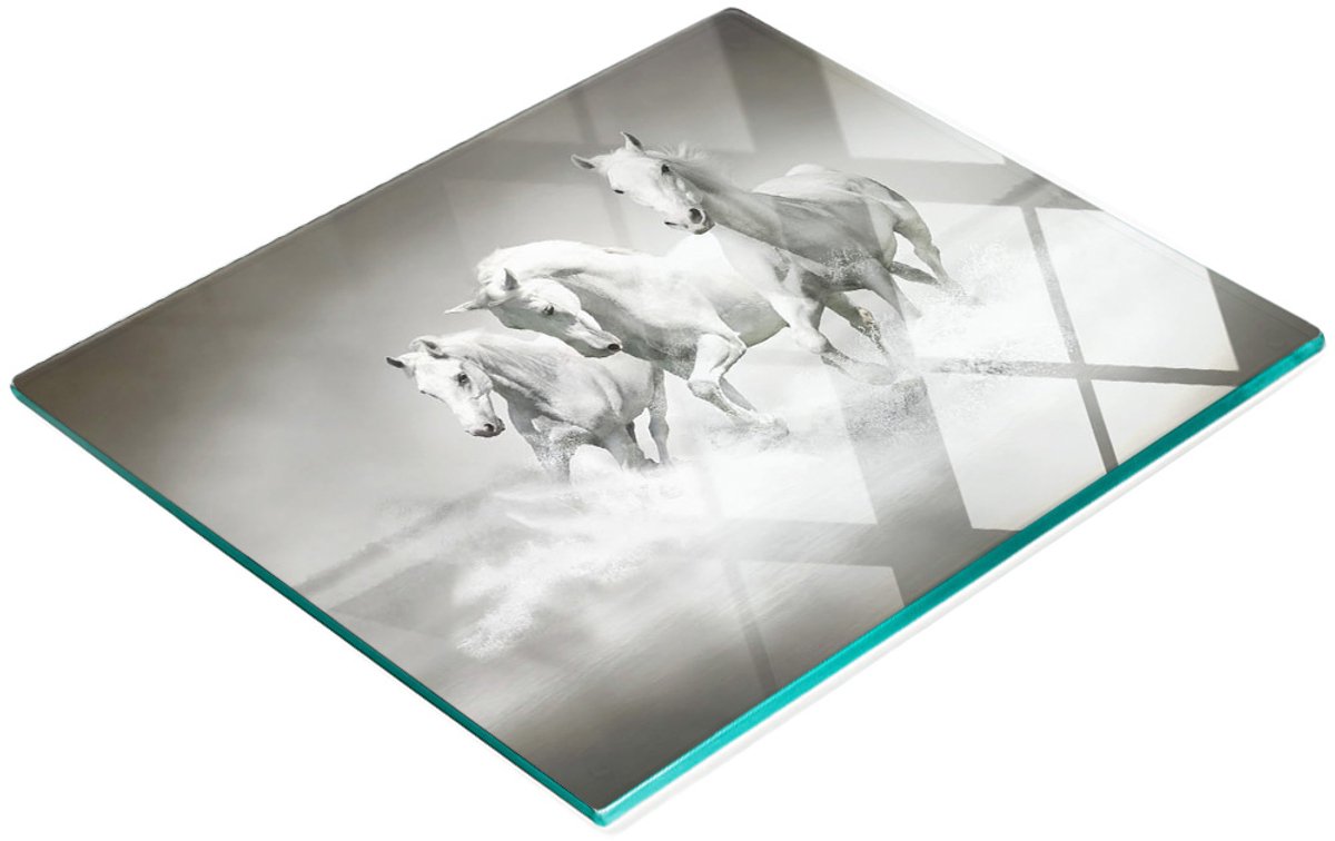 Multifunctionele decoratieve glazen keukenplank met witte paarden, 60x52 cm