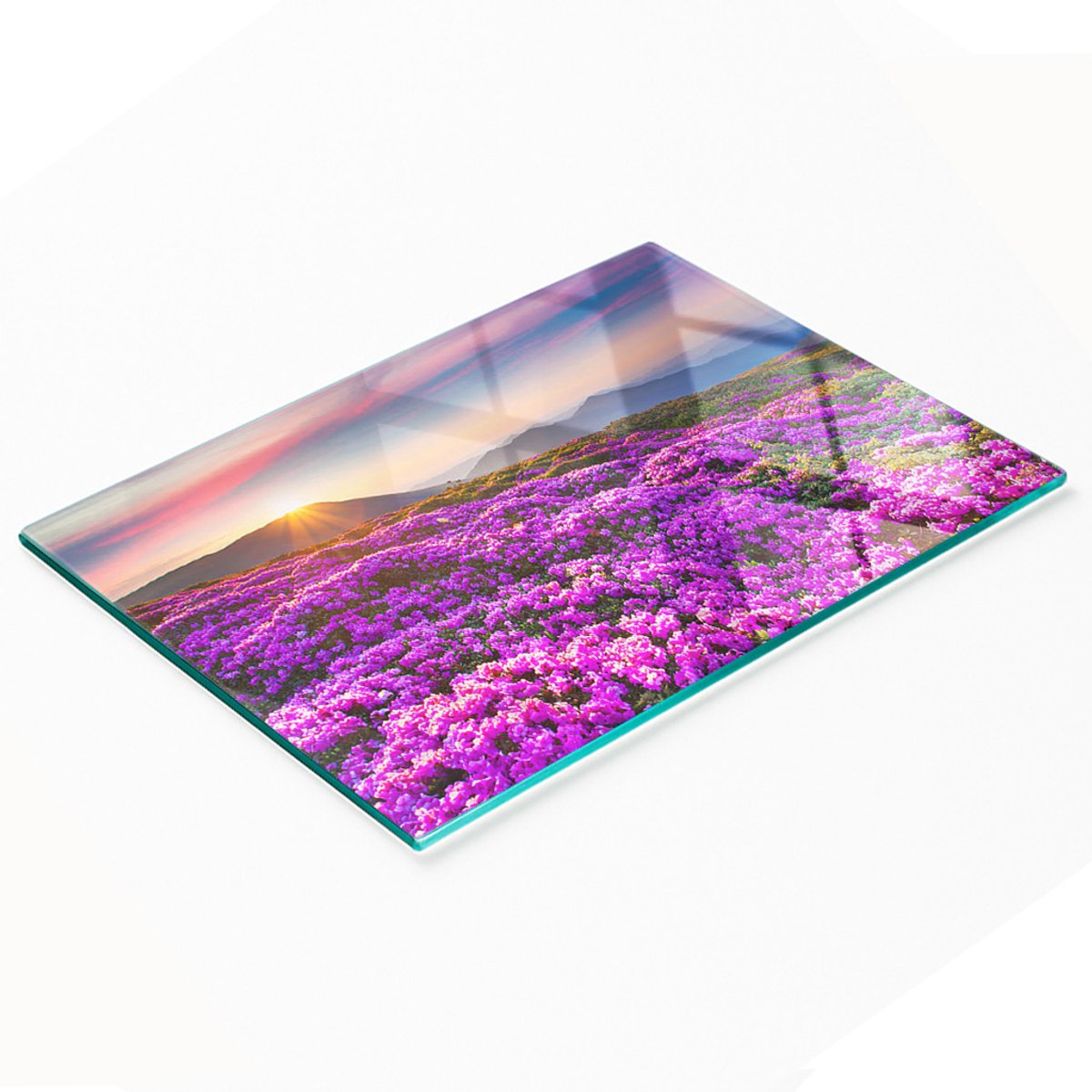 Decoratieve serveerplank van glas met bloemen in de bergen, 80x52 cm