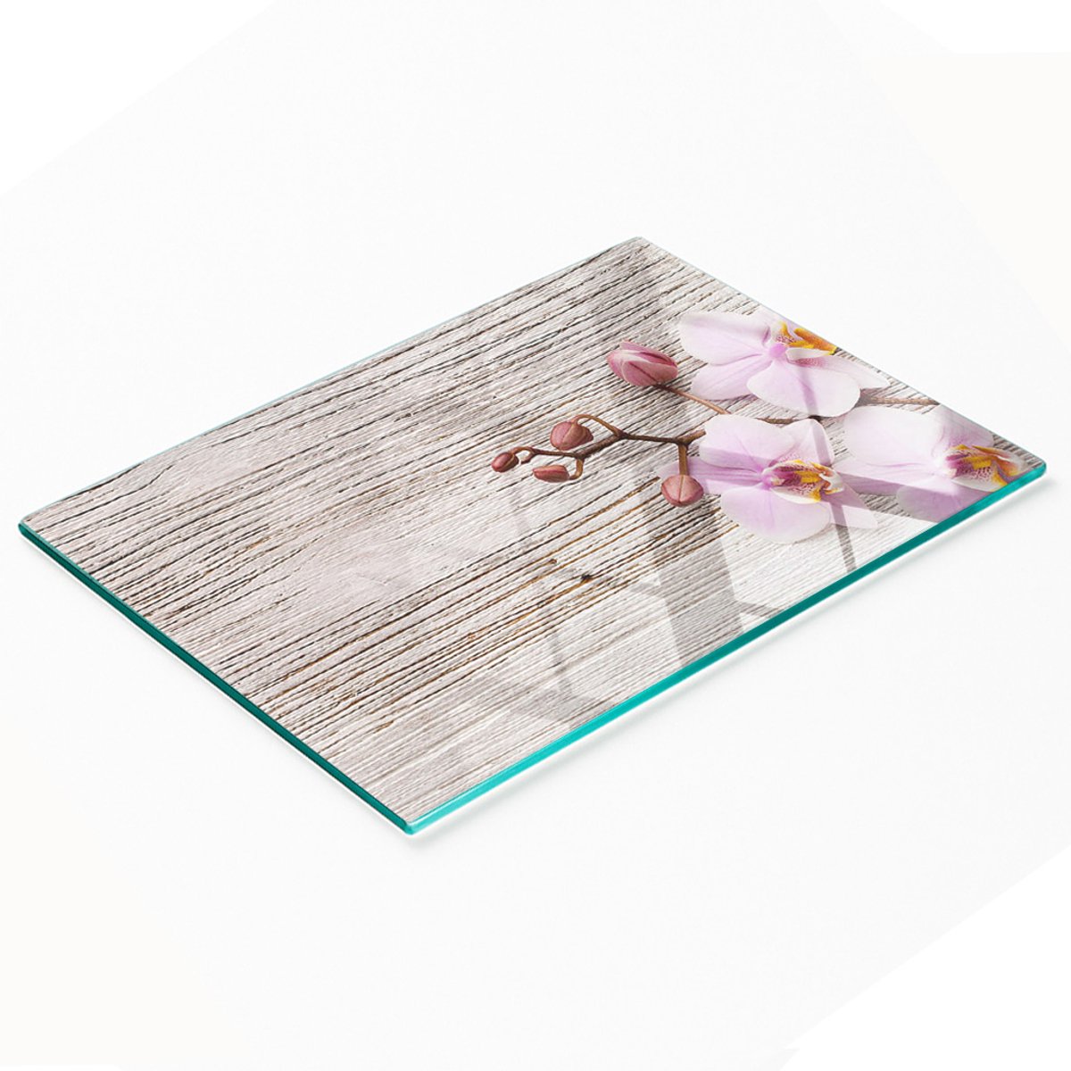 Stijlvol en duurzaam glazen bord met orchideeënprint op hout, 80x52 cm