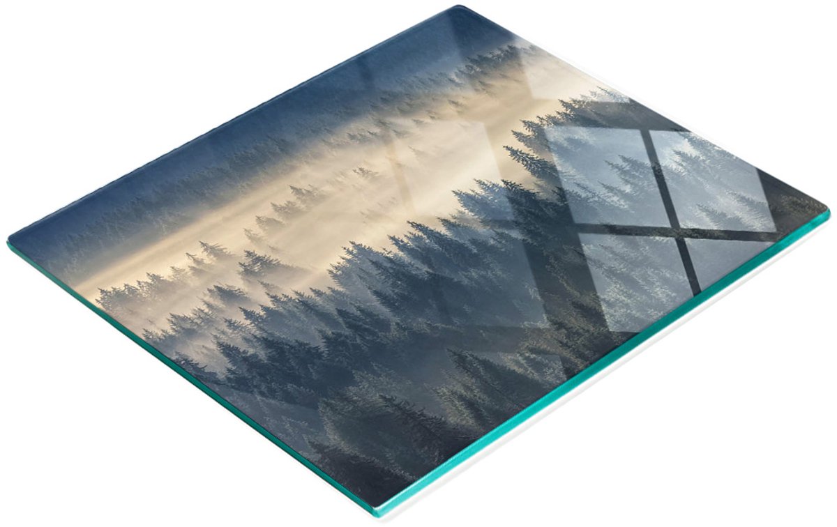 Keukenplank van gehard glas met decoratieve afbeelding van een mistig bos, 60x52 cm