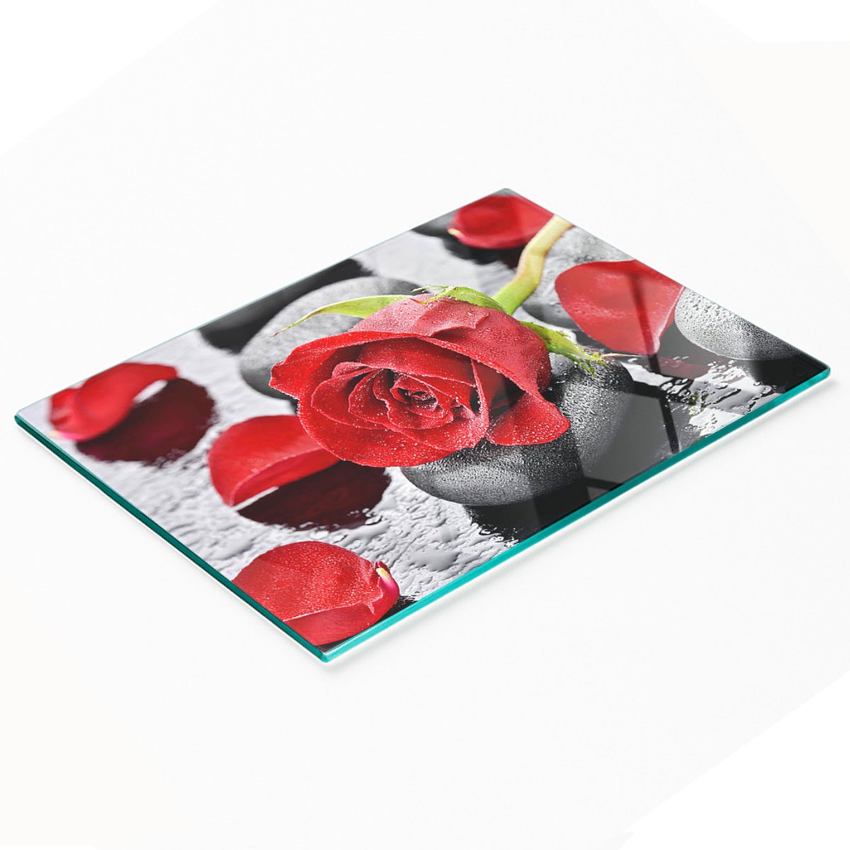 Glazen serveerplank met rode roosmotief, 80x52 cm