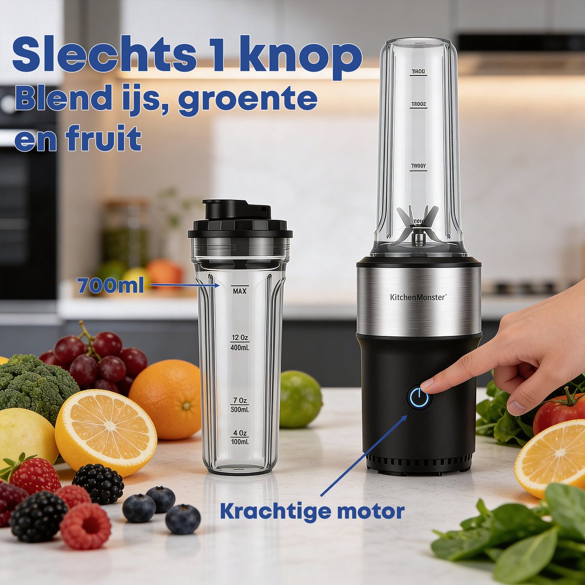 KitchenMonster Blender 900W - Smoothie Maker met 2 Draagbare Bekers To Go – foto 4