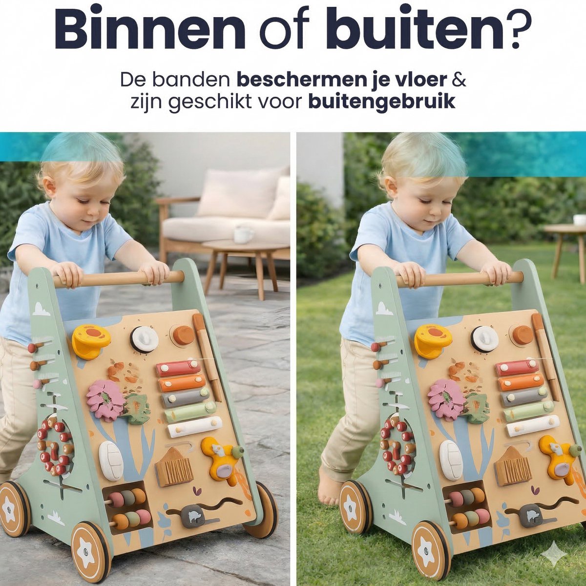 Laavir Houten Loopwagen met Activiteitenpaneel - Baby Walker met Xylofoon, Spiegeltje, Klok en Vormen - Montessori Speelgoed vanaf 1 Jaar - Lichtgroen — afbeelding 6