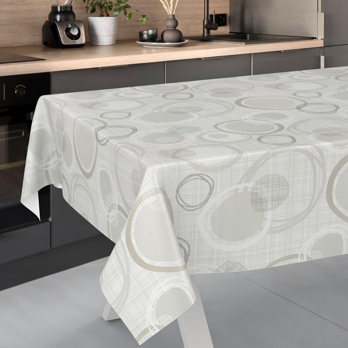 Afwasbaar Tafelzeil Oliedoek - Cirkels & Geometisch Wit/Zilver - Beschermhoes Tafel