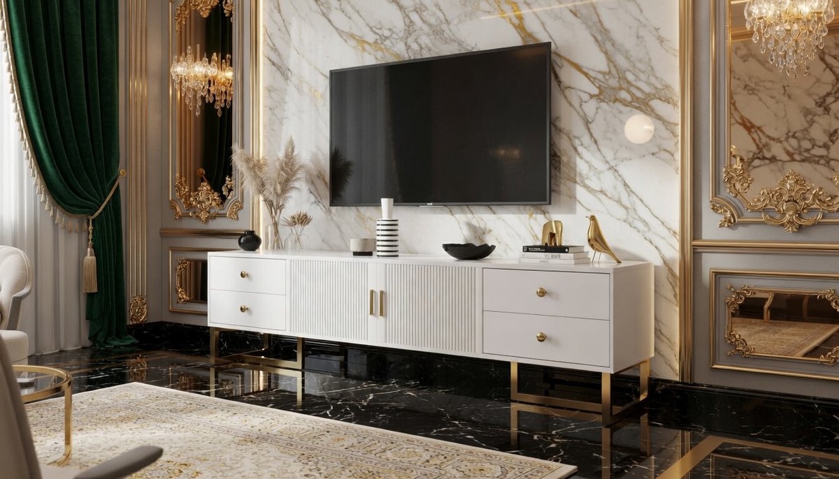 TV Meubel Casa Velluto GoldLine 175 cm – Laag TV Kast Paneeldeuren en Laden – Wit Modern TV Meubel met Gouden Handgrepen en Poten – Media Meubel voor Woonkamer, Slaapkamer en Studio – Luxe Opbergkast