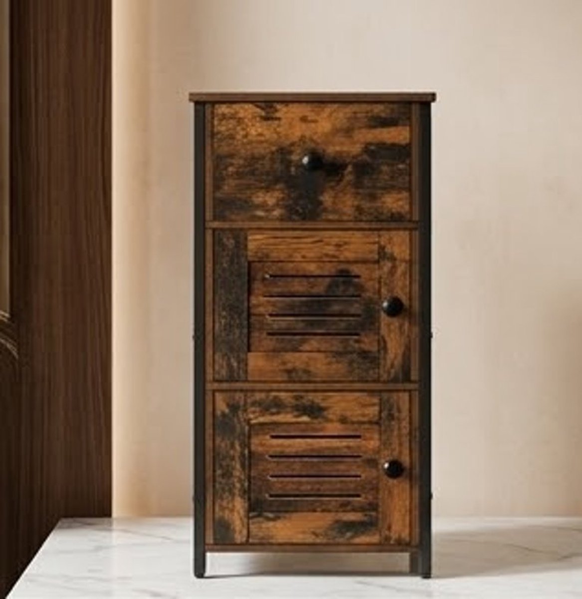 Serena dressoir met lade, ladekast in vintage stijl, verstelbare plank, klein telefoonkastje, voor woonkamer, slaapkamer, (30 x 34 x 75 cm) Donkerbruin en zwart EBF15CW01G1 - Casa Serena