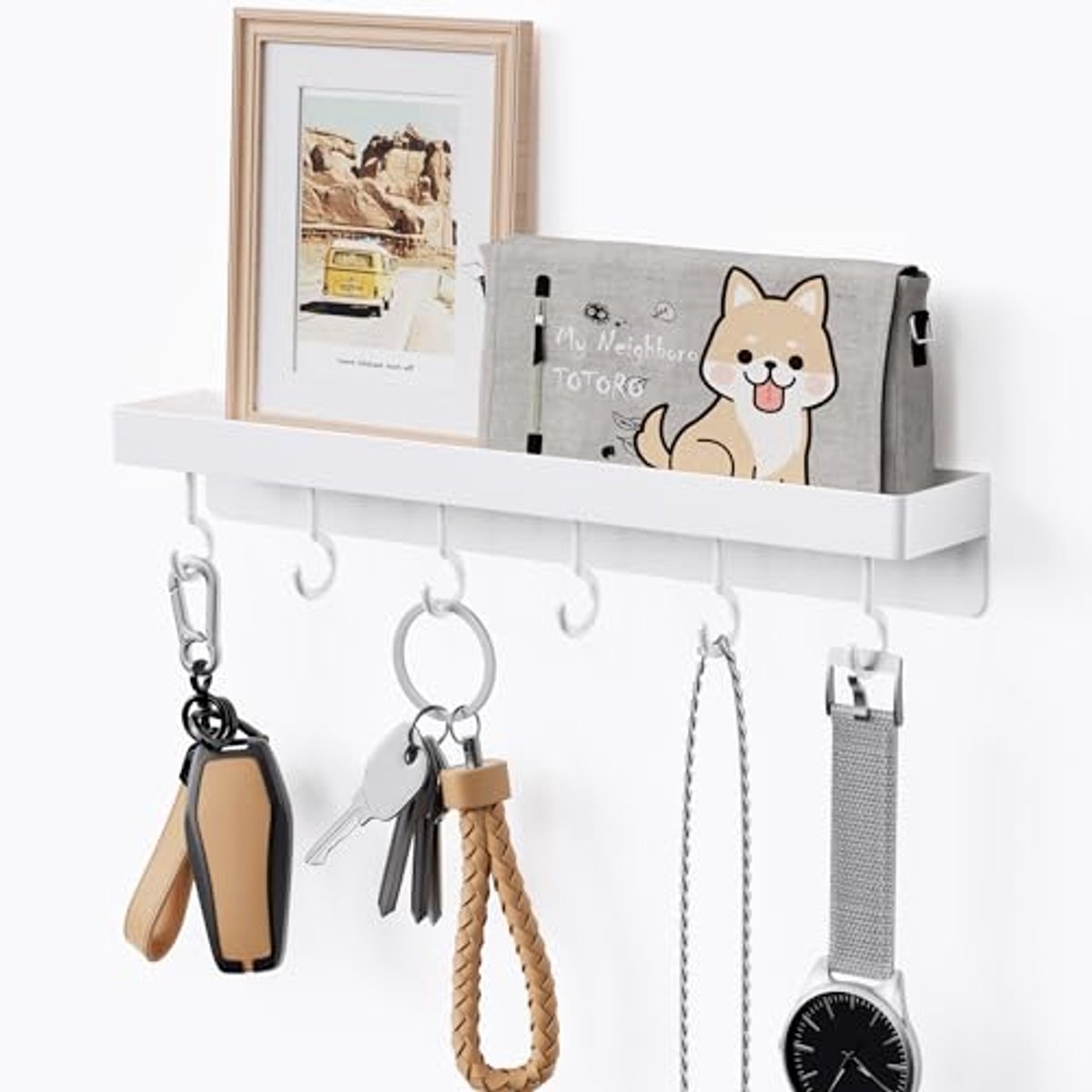 Ultiluxe® Sleutelhouder - Sleutelrek Met Plank - Wand Sleutel Organizer - 6 Haken - Zelfklevend - Zonder Boren - Wit