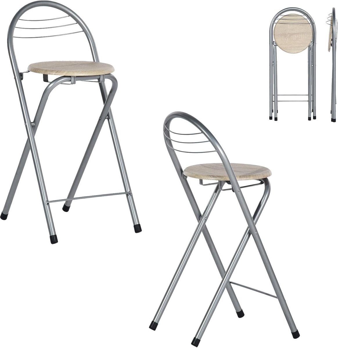 Opvouwbare Kruk - Zitje Set - Flexibel Gebruik - Met Rugleuning - Zithoogte 61cm - Eiken Zilver