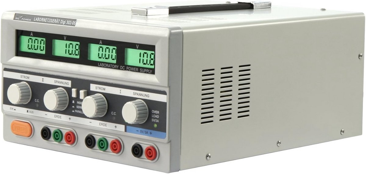 Laboratoriumvoeding 2x regelbaar 0-30V/5A en 5V/3A met LCD-displays