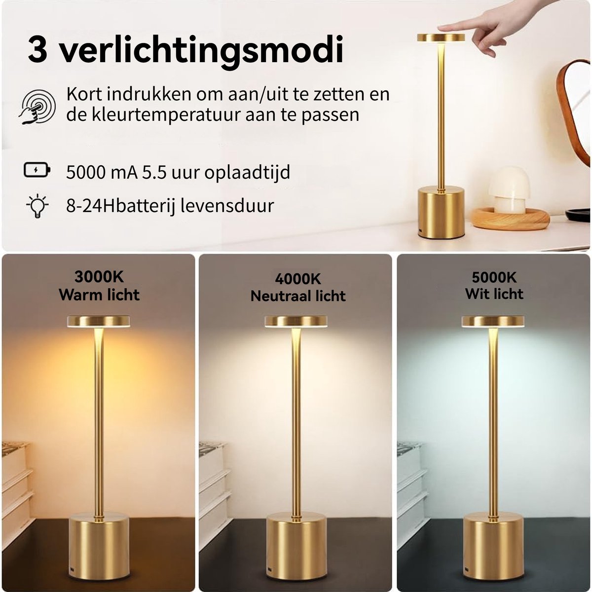 CHIWIN Oplaadbare LED Tafellamp - Draadloos - Dimbaar Touch - 3 Kleurtestanden - USB C - Accu Bediening - Voor Binnen, Buiten, Slaapkamer, Woonkamer, Kantoor - Koper 15x30cm thumbnail 2