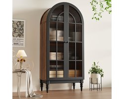 Zubaliya - Hoge Vitrinekast - Smalle Opbergkast met Glazen Deuren - 76 cm Breed - Zwart/Houtnerf - MDF - Woonkamer Keuken - Montmartre Design