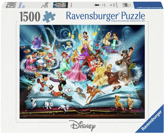 Ravensburger 1500 stukjes puzzel met Disney sprookjesboek thema, met Ariel, Belle, Simba en meer.