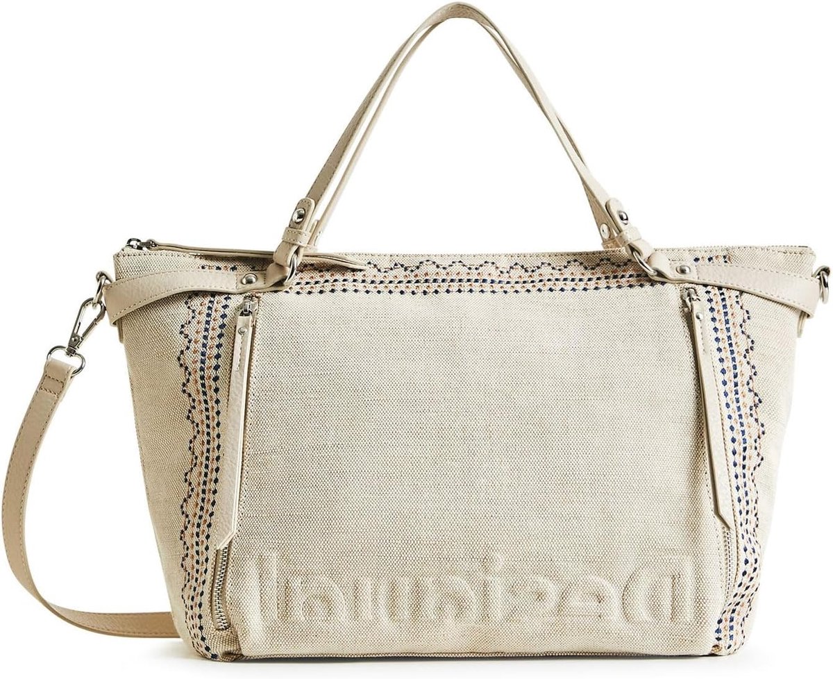 Grote witte dames schoudertas met etnische borduursels en diverse draagopties