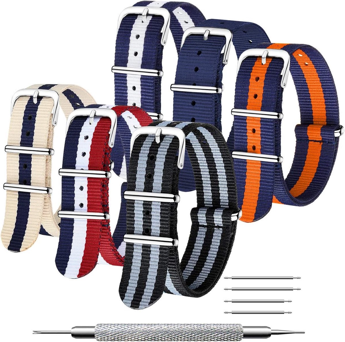 6-Delige Nylon Horlogeband Set 16-24mm - Geschikt voor Diverse Horlogemerken - Inclusief Gereedschap