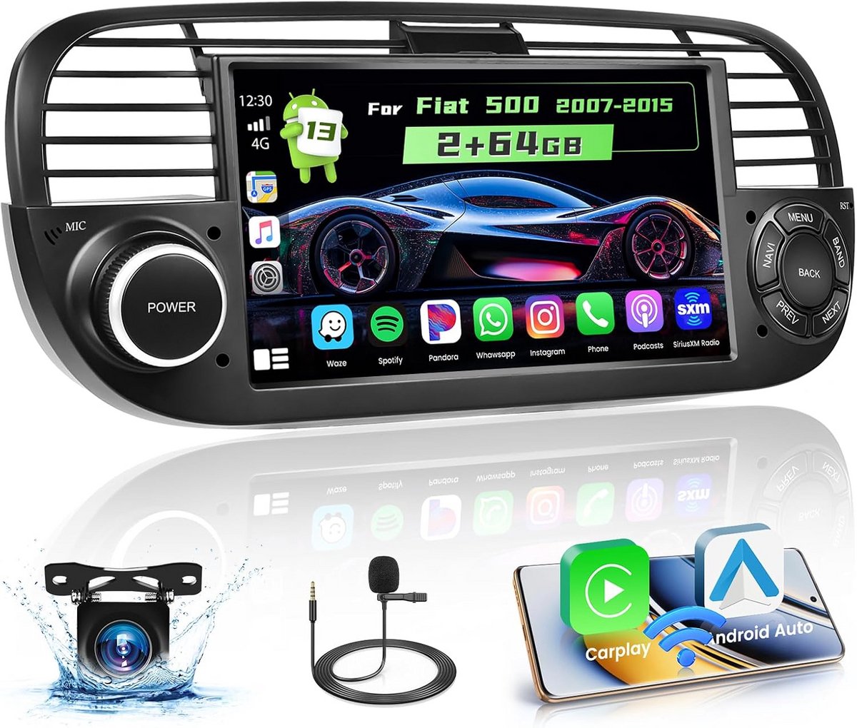 Android Auto Carplay Autoradio voor Fiat 500 (2007-2015) met Navigatie en Achteruitrijcamera