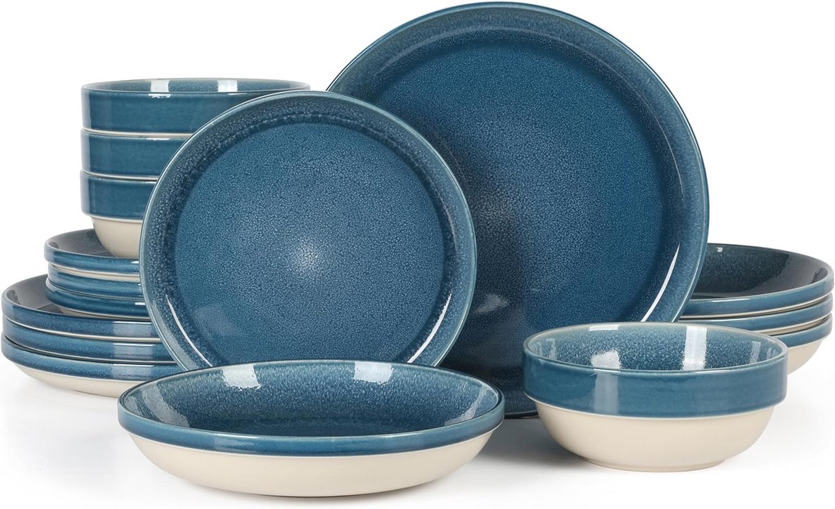 16-delige aardewerk servies set met dubbele borden en kommen reactive glazuur