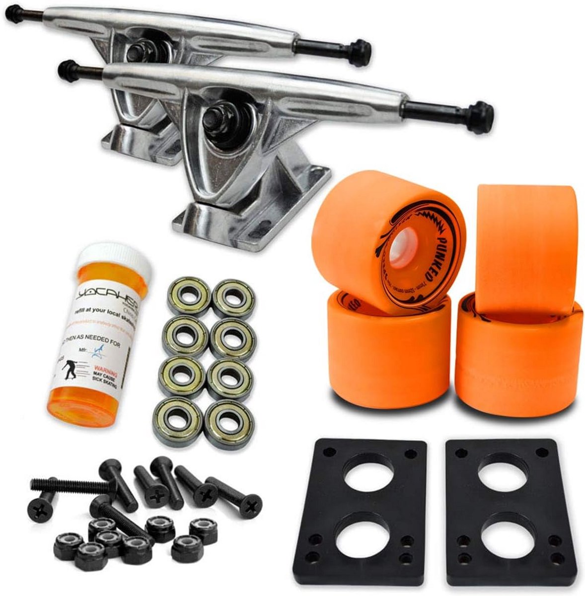 Longboard Skateboard Trucks Wielen Set Compleet met Lagers en Hardware Zilver