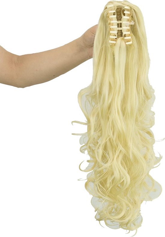 Valse Paardenstaart Clip-in Haarextensie, Dik en Krullend of Steil, Lichtblond 613