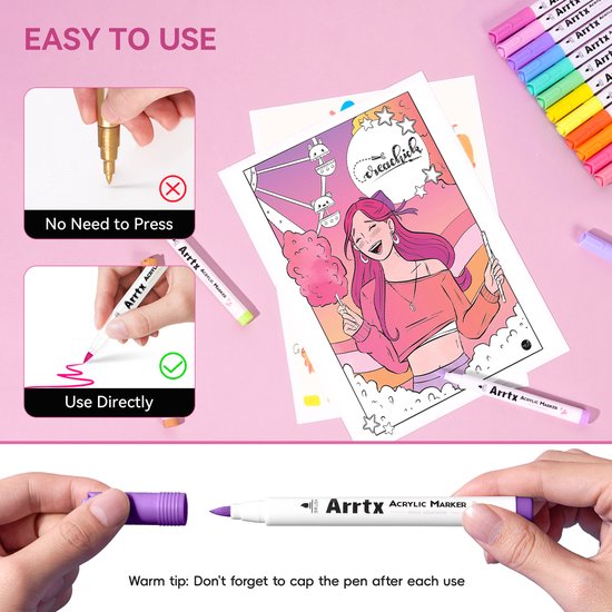 Instructies voor Arrtx acrylmarkers: "No Need to Press" en "Use Directly". Een hand houdt een paarse marker vast met de dop eraf.