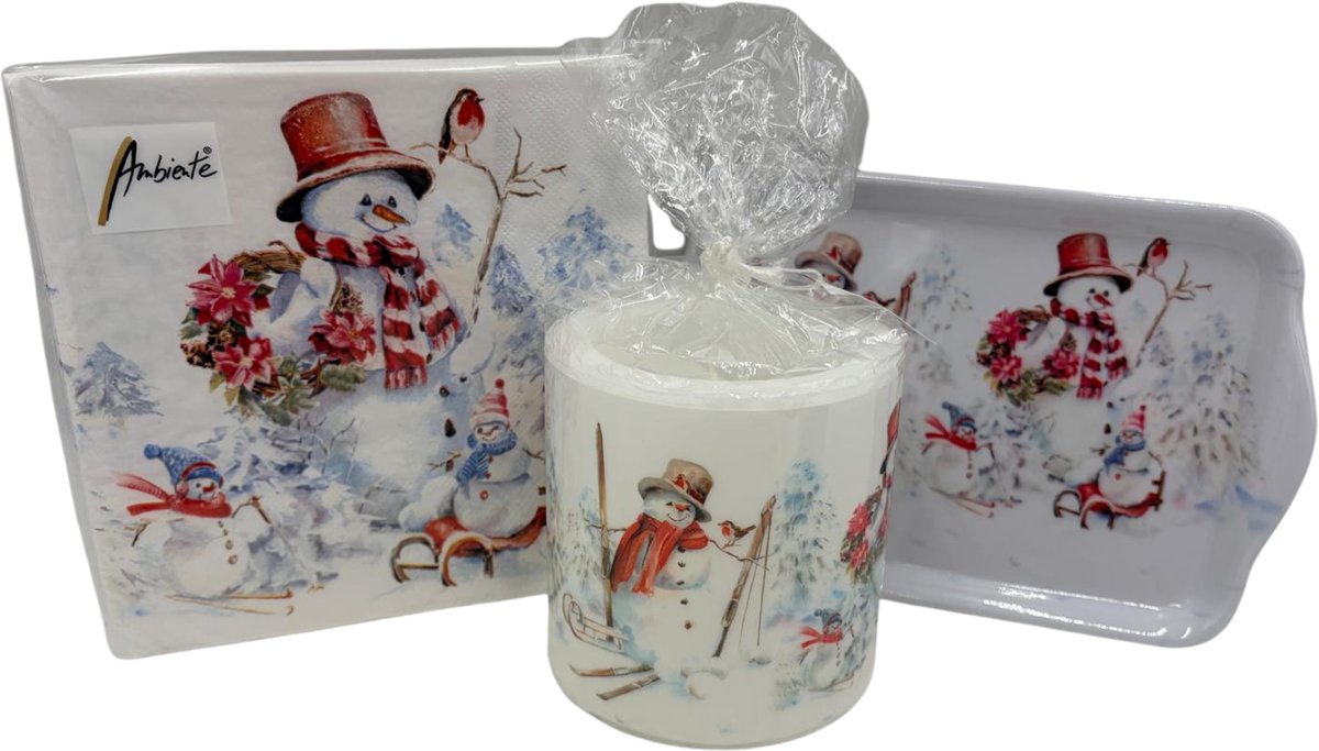 Set: Kaars - 20 servetten - dienblad Sporty snowmen | 392304 | Ambiente