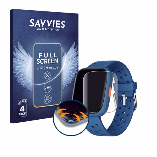 Verpakking van Savvies Full Screen Screen Protector voor smartwatch. Een blauw smartwatch met een protector erop.