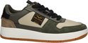 Groene PME Legend sneaker met beige, bruine en zwarte accenten en een label op de zijkant.