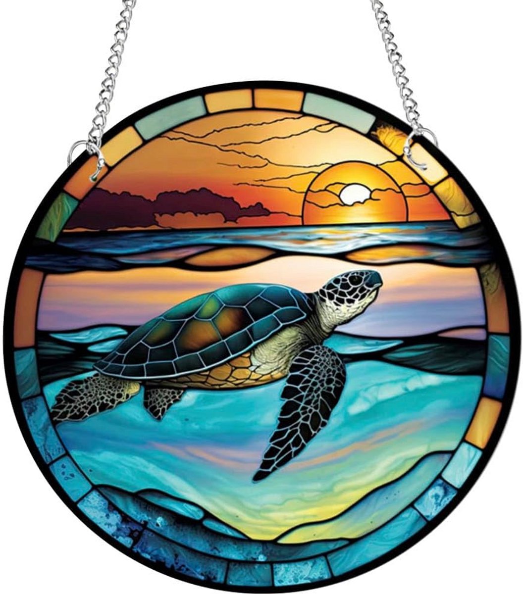 Schildpad zonnevanger 20x20 cm – acryl raamdecoratie met ketting – lichtinval versieren
