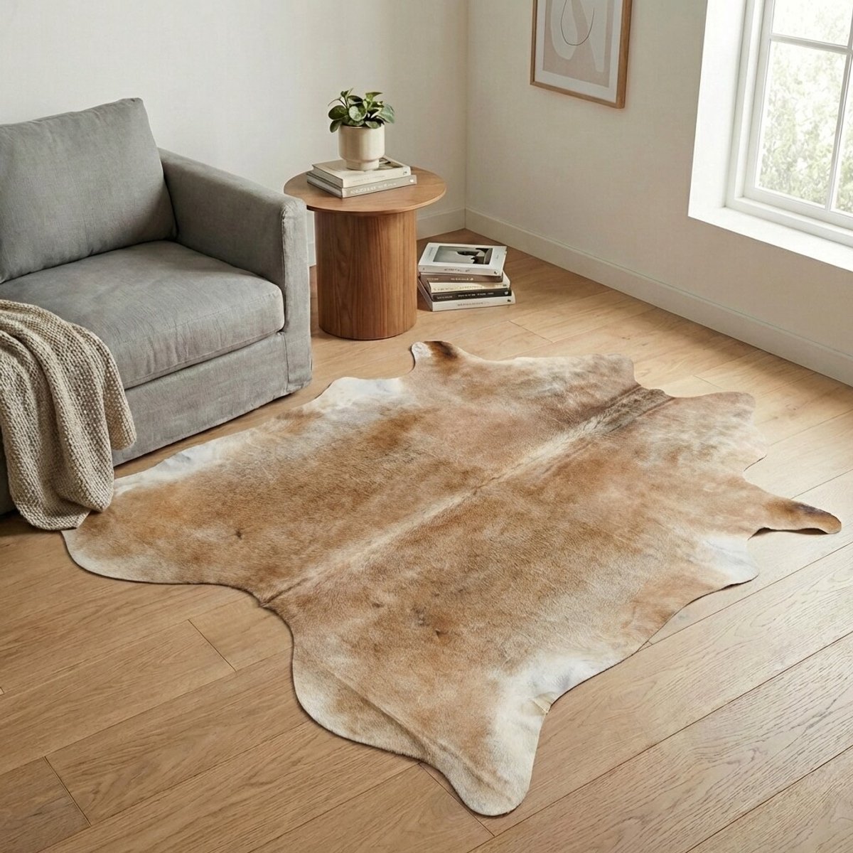 Koeienhuid Vloerkleed - Beige-champagne / Grijs-taupe - 196 x 191 cm - Koeienkleed / Koeienvel / Dierenvel / Dierenhuid / Koehuid Tapijt