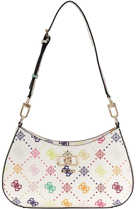 GUESS sac à épaule Emelie Logo Top Zip Shoulder Bag Multi Logo blanc