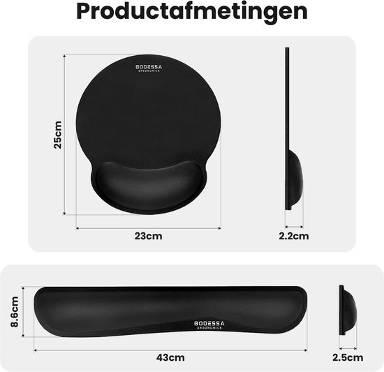 Afmetingen van een ronde muismat van 23 cm breed en 25 cm hoog, en een polssteun van 43 cm.