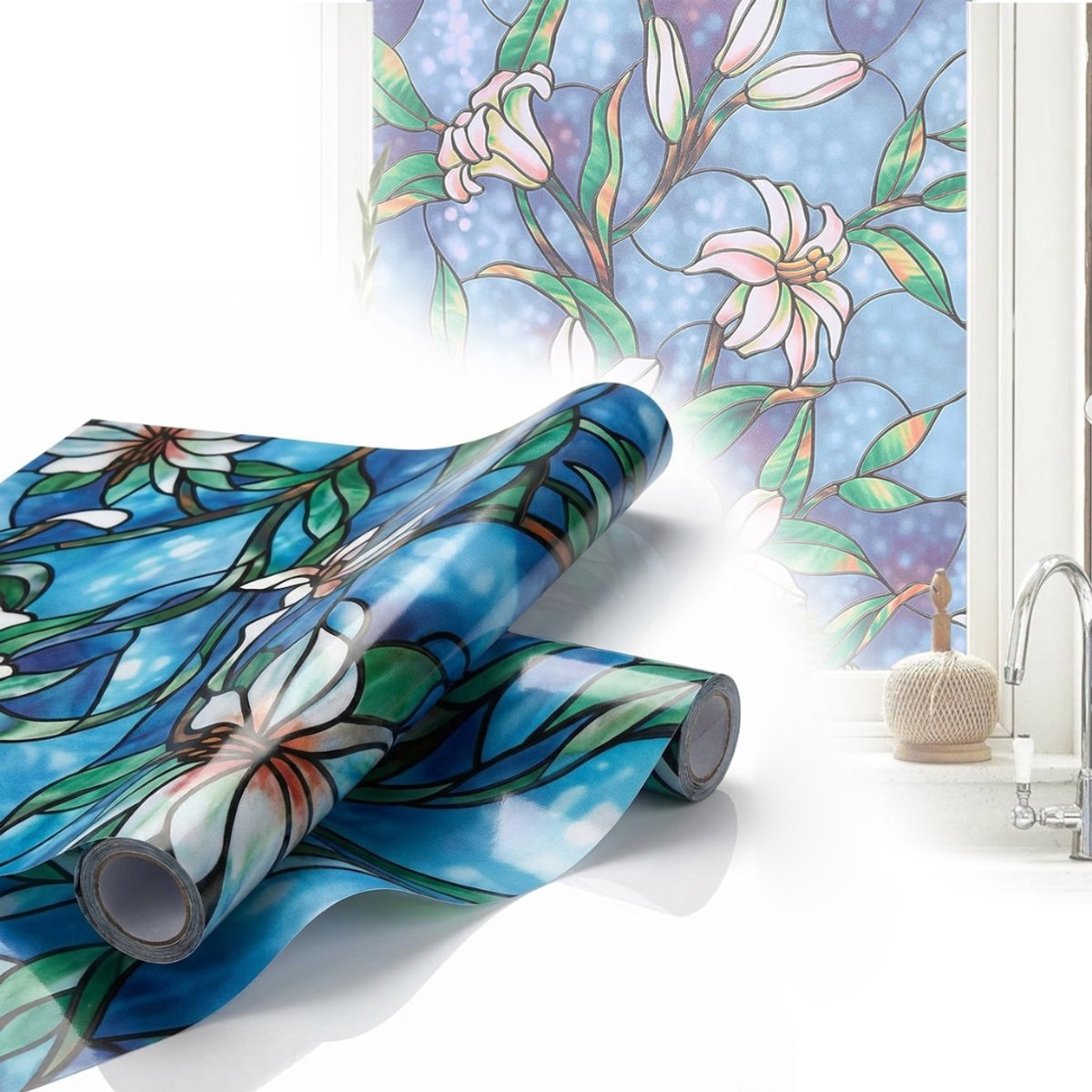 NBAP® Raamfolie Glas in Lood - Zelfklevend - Antieke Look - Orchidee