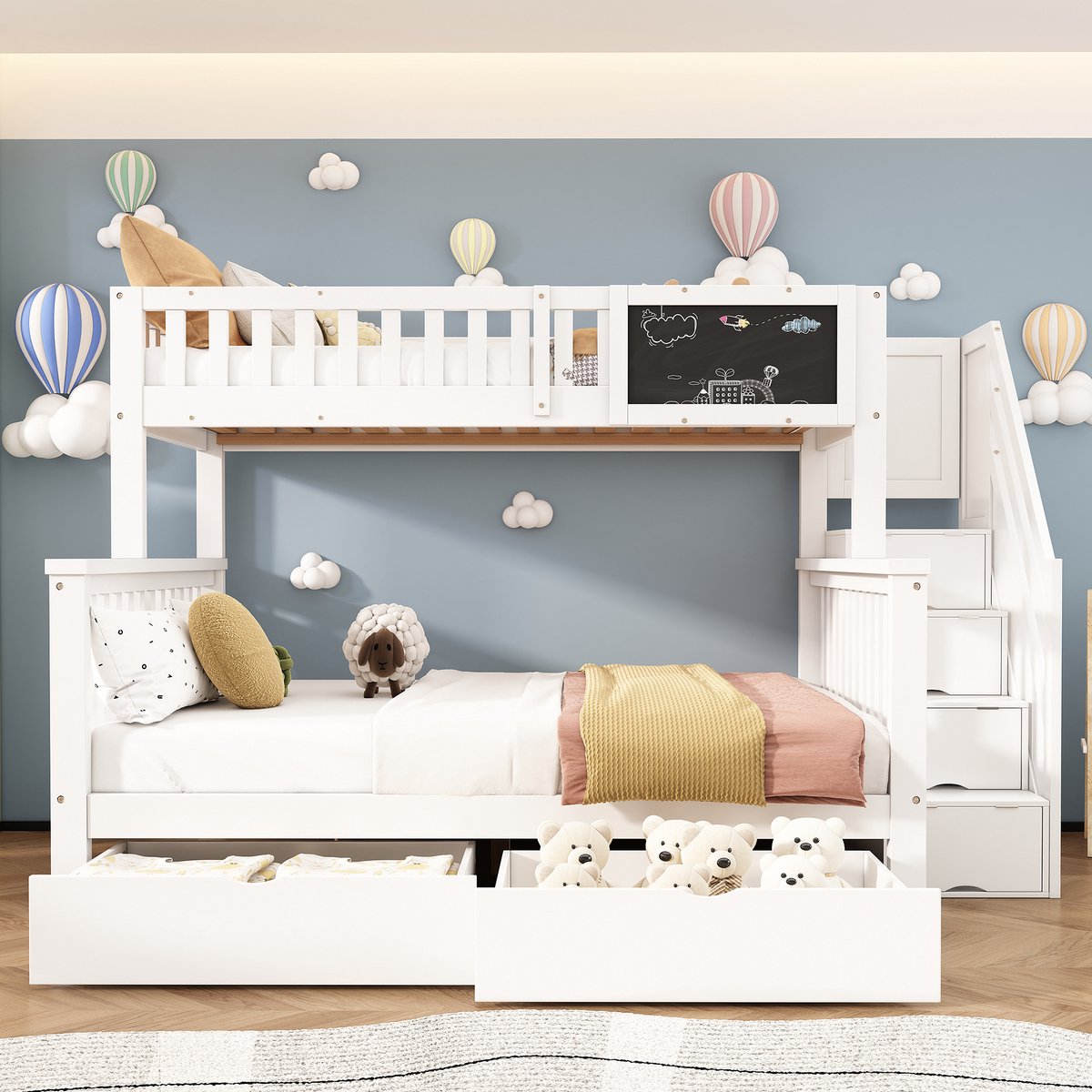 Merax Stapelbed 90x200cm en 140x200cm - tweepersoonsbed - kinderbed - met schoolbord en lade - zonder matras - wit