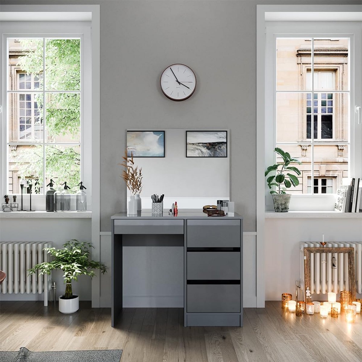 Moderne Kaptafel met Spiegel - 90 cm Breed - Hoogglans Grijs en Wit