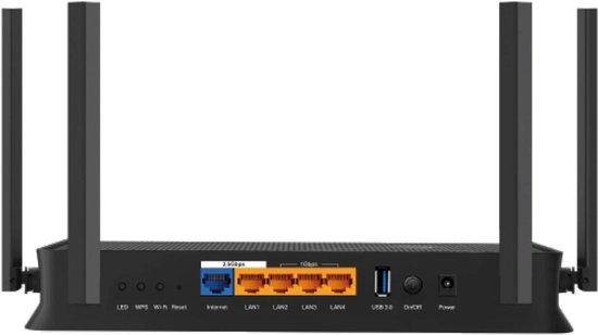 Achterkant van de TP-Link Archer BE230 router, met poorten voor 2.5 Gbps Internet, 2.5 Gbps LAN, 3x Gigabit LAN, USB 3.0, en aan/uit.
