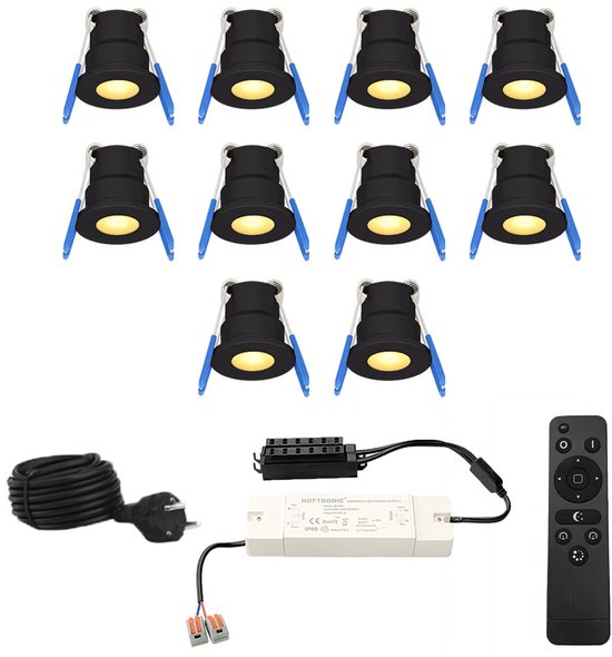 HOFTRONIC Set van 10 12V 3W - Mini LED Inbouwspot - Zwart - Dimbaar - Verzonken - Verandaverlichting - IP65 voor buiten - 2700K - Warm wit