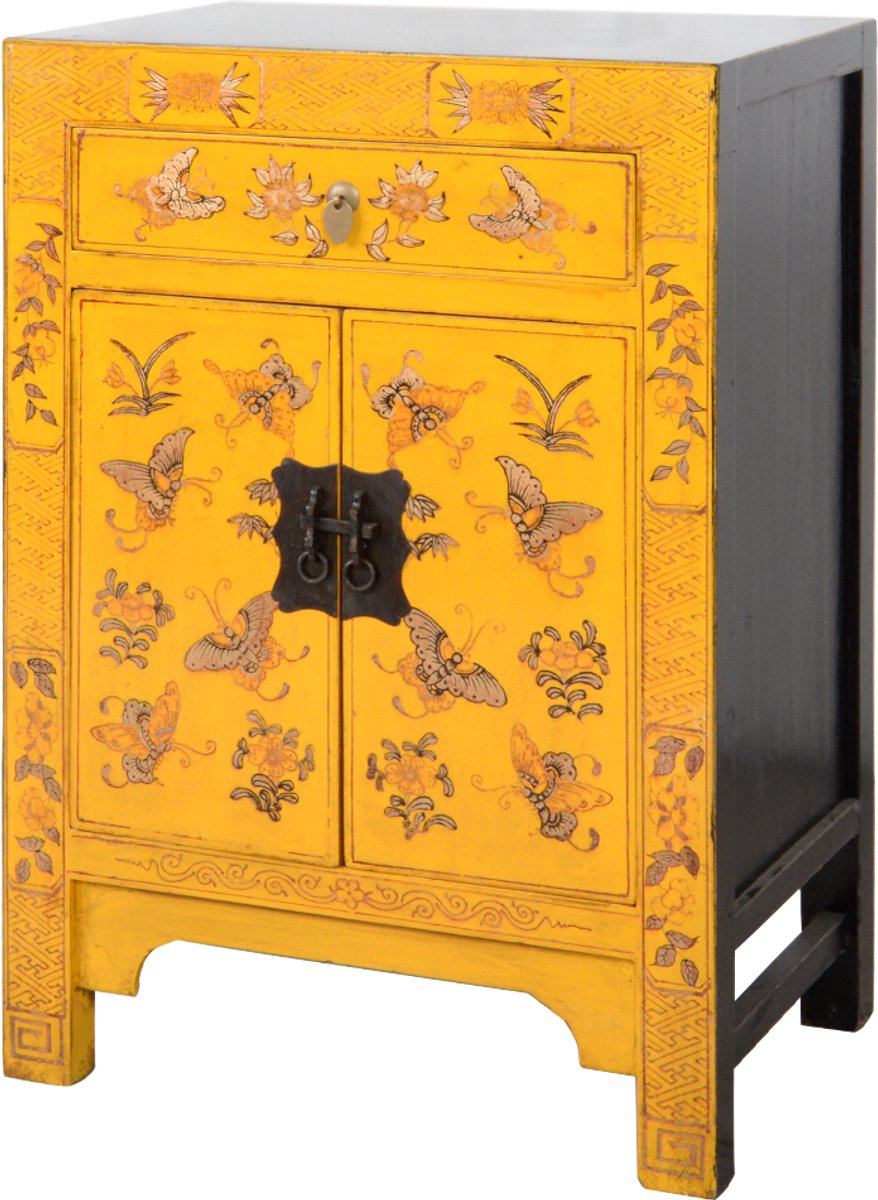Fine Asianliving Chinese Kast Geel Handgeschilderd Vlinders B58xD37xH85cm Chinese Meubels Oosterse Kast