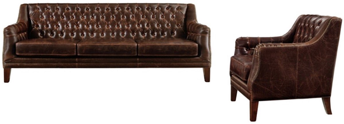 Vente-unique Driezitsbank en fauteuil van leer COLBERT - Bruin Donkerbruin