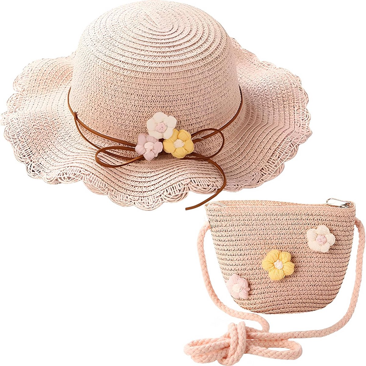 2-Delige Kinder Zonnehoed & Strooien Tas Set voor Meisjes - Zomer Hoed en Accessoire